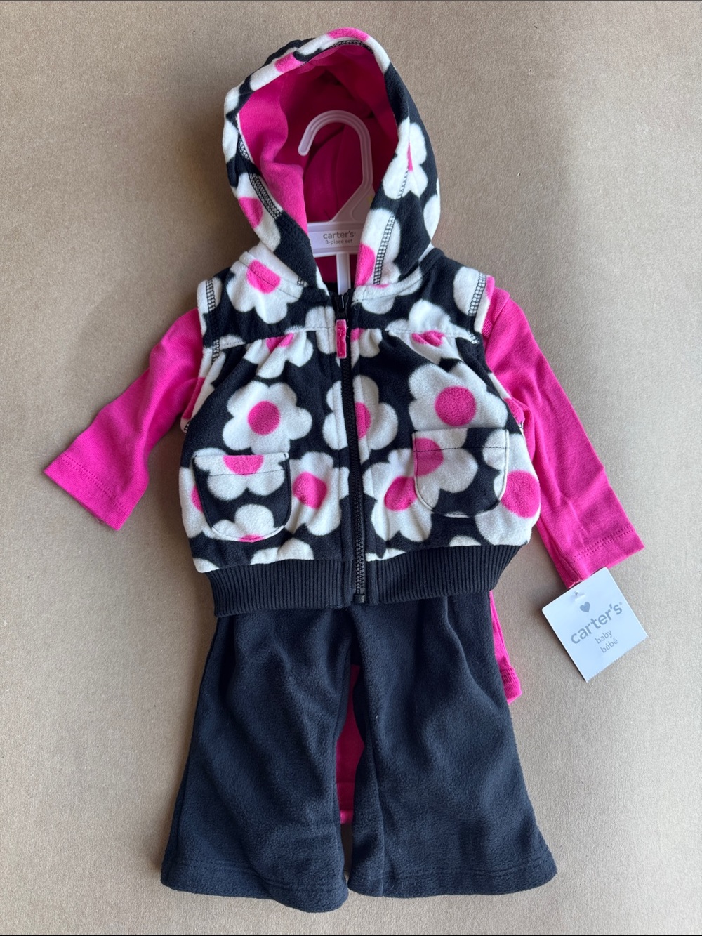 NWT 3pcs 3months Carter's Black & Pink Floral Hooded Fleece Outfit